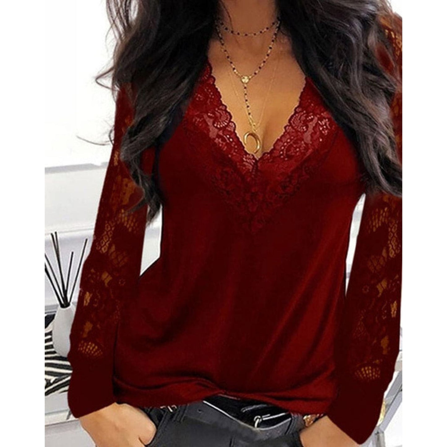 Women's V-Neck Blouse | Long Sleeve Lace Design